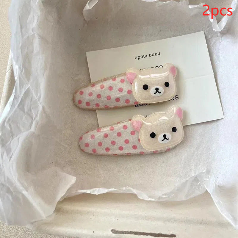 2pcs Cute Cartoon Bear Hair Clips - Sweet Wave Point Design, Glossy Finish, Plush Detail, Ideal for Bangs & Side Styles, Perfect Birthday Gift