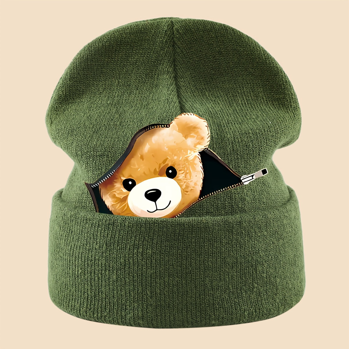 1pc Warm Skull with Zipper Bear Print, Unisex Loose-Fit Beanie for Men and Women - Cozy Fall/Winter Cold Weather Protection, Versatile Casual Hat for Commuting, Travel & Holiday Gifts, Fashionable Headwear, Perfect For Outdoo