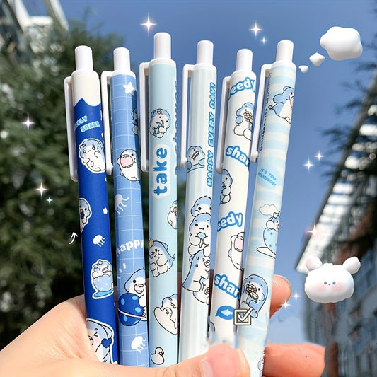 6-Pack Cartoon Shark Retractable Gel Pens, 0.5mm Fine Point, Black Ink, Cute Student & Office Stationery, Ideal Back to School Gift, Lightweight, Quick-Drying Plastic Pens