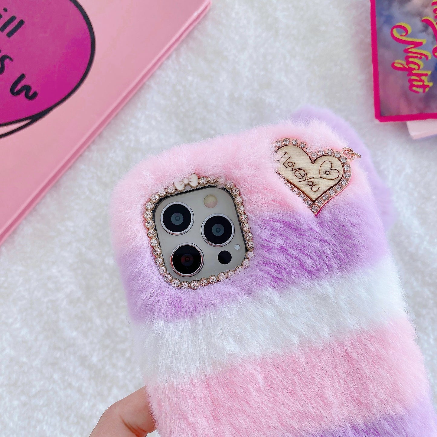Plush Phone Case with a Purple Heart Pendant