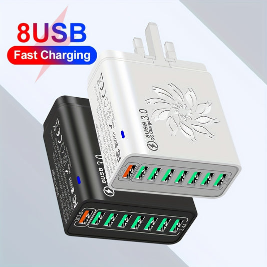 8 USB QC3.0 Mobile Phone Fast Charging Adapter, UK Plug 8 Ports QC3.0 Total 30W Fast Charging Charger, Portable Convenient Travel Charger Wall Charger