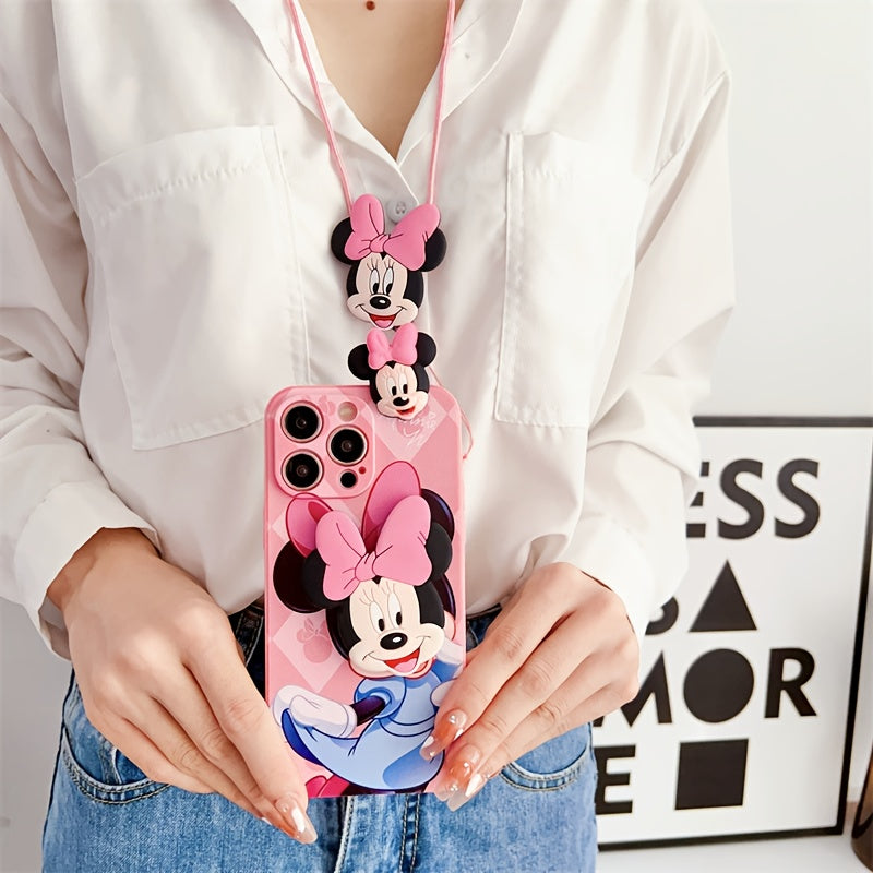 Disney Mickey Minnie with Bracket Hanging Rope Mobile Phone Case, Suitable for iPhone 16/15/14/13/12/11/XS/XR/X Plus Pro Max TPU Cartoon Cute Fashion Full Cover Mobile Phone Case, Ideal Gift