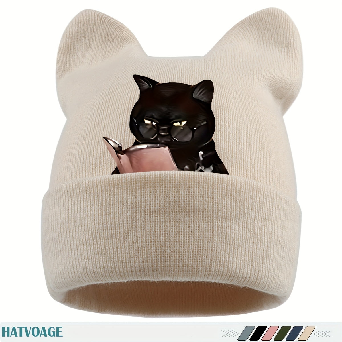 1pc Cute Black & White Cat Ear Beanie Hat with Book-Loving Siamese Cat Face