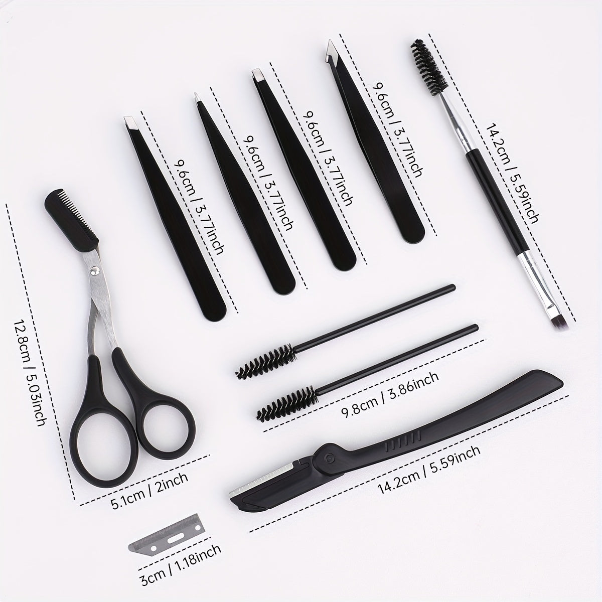 8/9/12pcs Stainless Steel Eyebrow Grooming Kit, Portable Black Set for Women and Men, Includes Eyebrow Brush, Razors, Comb, Scissors, Folding Razor, Trimmer, Tweezers with Comb, Lash Separator, No Electricity Needed