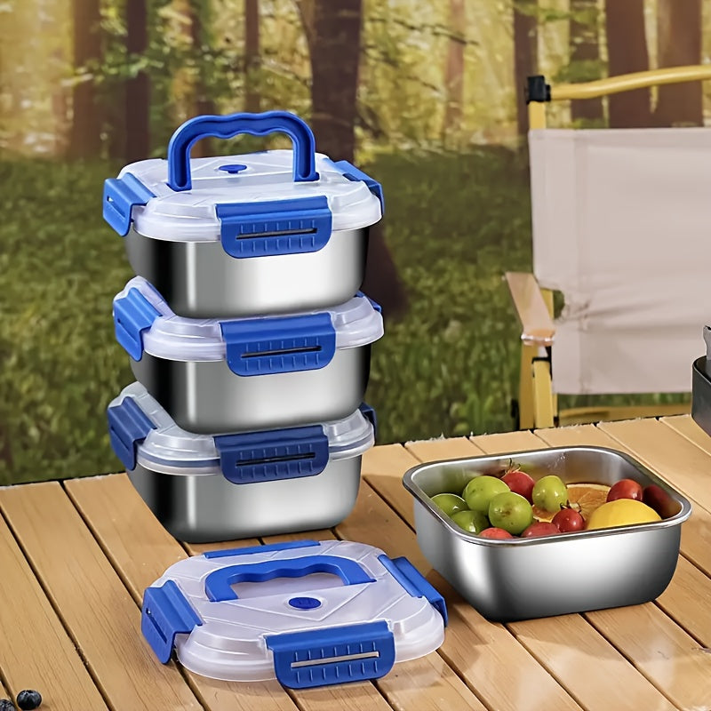 1/2/4pcs Stainless Steel Leakproof Food Storage Container with Blue Lid - Microwave Safe, Reusable, Ideal for Refrigerator & Bento Boxes, Kitchen Essentials, Universal Fit for Outdoor Cooking & Meal Prep