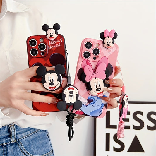 Disney Mickey Minnie with Bracket Hanging Rope Mobile Phone Case, Suitable for iPhone 16/15/14/13/12/11/XS/XR/X Plus Pro Max TPU Cartoon Cute Fashion Full Cover Mobile Phone Case, Ideal Gift