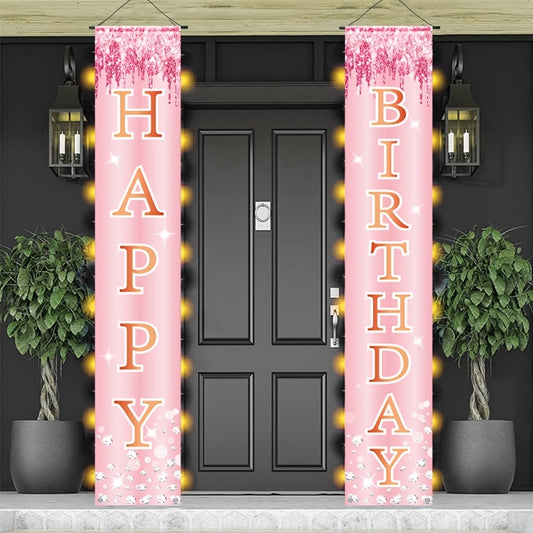 2pcs/Set,Rose Gold Happy Birthday Polyester Door Banner,Adults Birthday Party Door Hanging,Birthday Party Banners,1st Birthday Party Background Decor Door Couplet