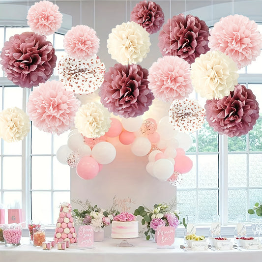 16pcs Party Decoration Paper Flower Ball Set - Pink Theme Party Decoration Supplies, suitable for various holiday party decorations such as weddings, anniversaries, graduation seasons, birthdays, etc