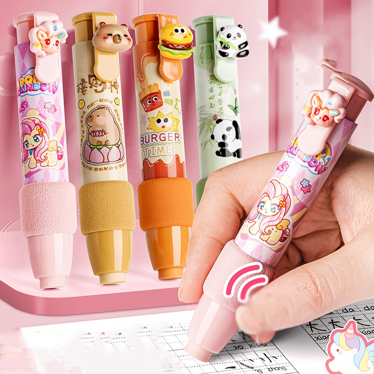 [1pc Cartoon Pattern Eraser] Creative Cartoon Pattern Push-Type Erasers, Clean & Mark-Free, Low-Shedding, with Sponge Sleeve for Comfortable Grip, Made of Other Rubber Materials
