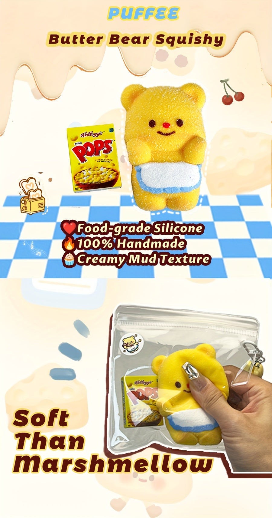 Butter Bear Squishy, Food-grade Silicone squishy, Stress Release Taba Squishy Toy, Creamy Soft Adhesive Toy, Happy Game Pinching Bear Toy, Suitable for Birthday Gift, Slow Rebound Rising