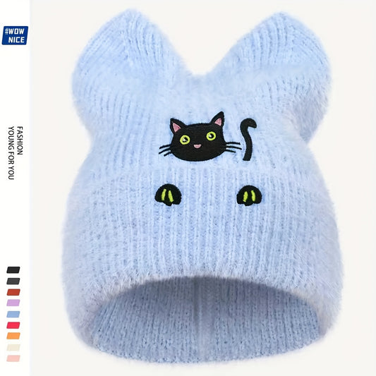 Women's & Men's Black Cat Ear Beanie Hat with Hand