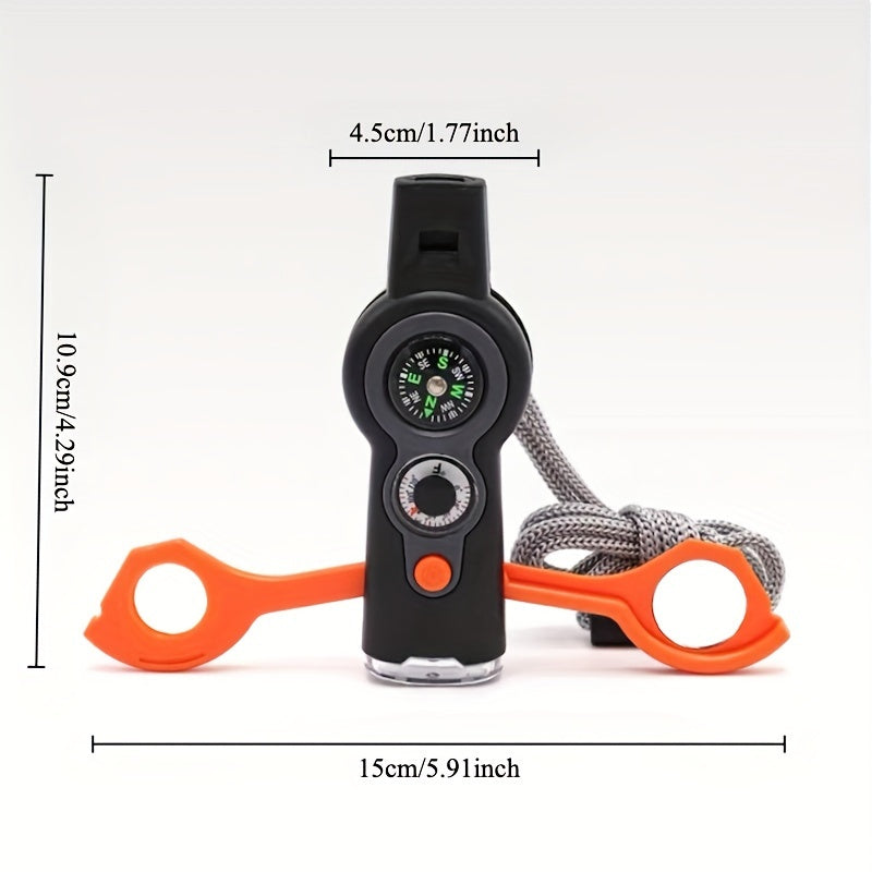 7-in-1 Survival Whistle with Compass, Magnifying Glass, Thermometer, and Emergency Functionality – Durable ABS Material, Black & Orange Design, Perfect for Outdoor Adventures