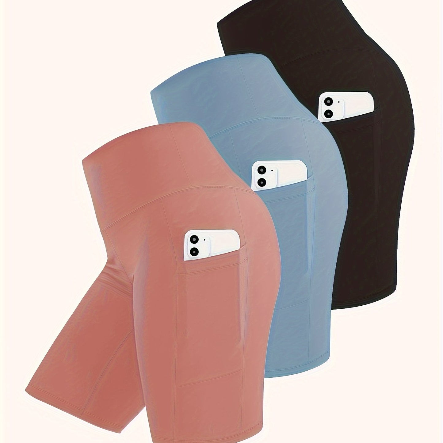 3pcs High-Waisted Stretchy Women's Yoga & Fitness Shorts | Solid Color, Zipper Pockets, Summer Activewear, Summer Workout Gear