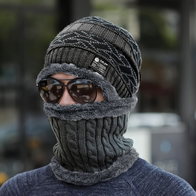 1 Piece Black Men's Winter Thick Warm Polyester Fiber Knitted Hat with Scarf