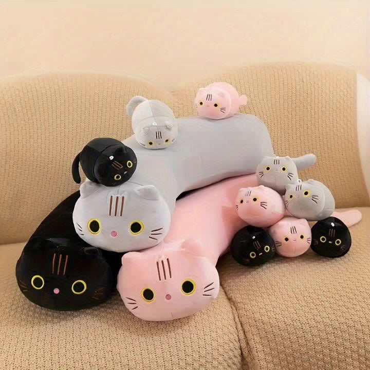 Soft 4pcs Cat Family Plush Toy Set - Cozy Polyester Pillows in Bright Pink, Gray, Black Colors - Stuffed Animal Dolls for Youngsters