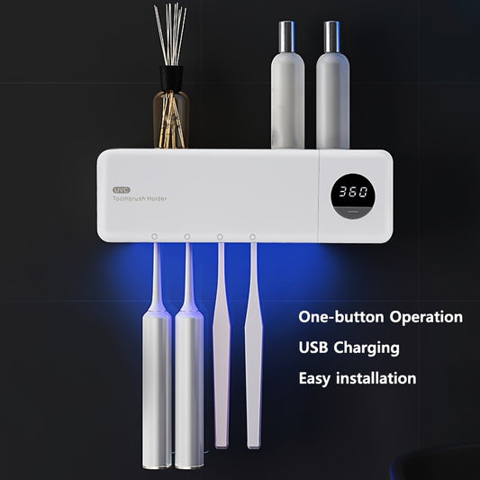 Wall-mounted toothbrush storage rack with 4 slots, UVC toothbrush cleaning box, Type-C charging, 1200mAh, with drying function, one-click on 360S air-drying and cleaning, you can choose to paste or screw fix.