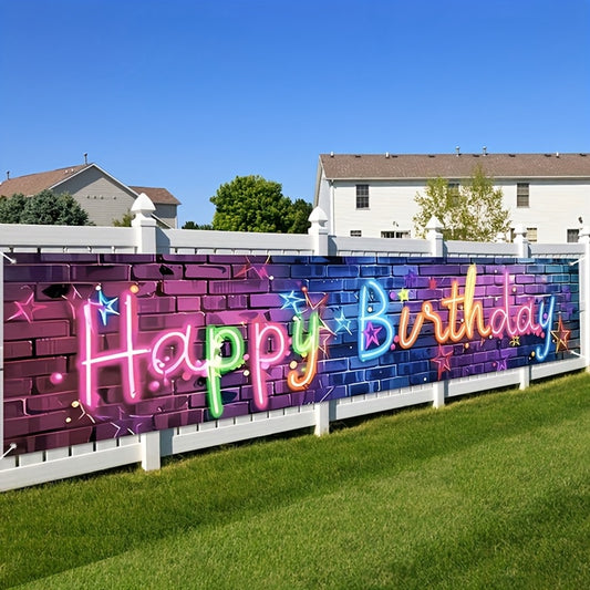 1pc Glow Neon Birthday Long Banner - 78.7"x15.7" Polyester Happy Birthday Garden Yard Decoration with Vibrant Neon Design, Perfect for Outdoor Party Decorations and Celebrations, Celebration Accessory | Festive Party Signage