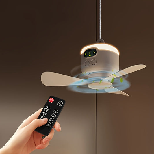 Portable USB Rechargeable Ceiling Fan with LED Light, 8000mAh Battery, Remote Control, White | Compact Design for Indoor/Outdoor Use, Perfect for Summer Camping & Home Cooling | Summer Camping Gear, Remote Cont