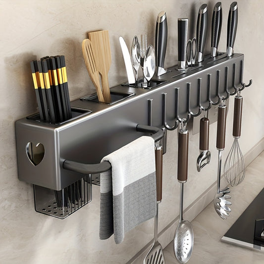 Space-Saving 1pc Multi-functional Metal and Plastic Wall-Mounted Kitchen Utensil Rack, No-Drill Cutlery Storage Shelf, Easy to Install Kitchen Organizer for Kitchen Tools and Accessories