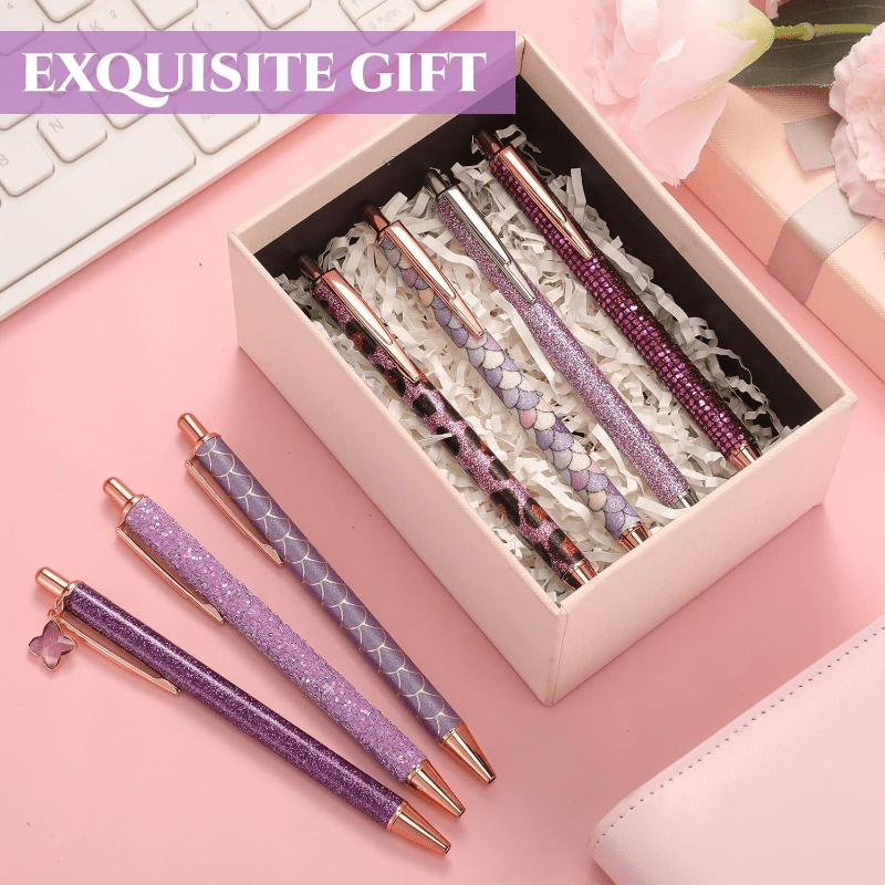 [5pcs Crystal Pens] 5pcs Metal Ballpoint Pens Set, Crystal Diamond Pen for Journaling | Glitter Stationery, Black Fancy Gifts for Teacher Office Wedding Back to School Christmas Graduation Supplies