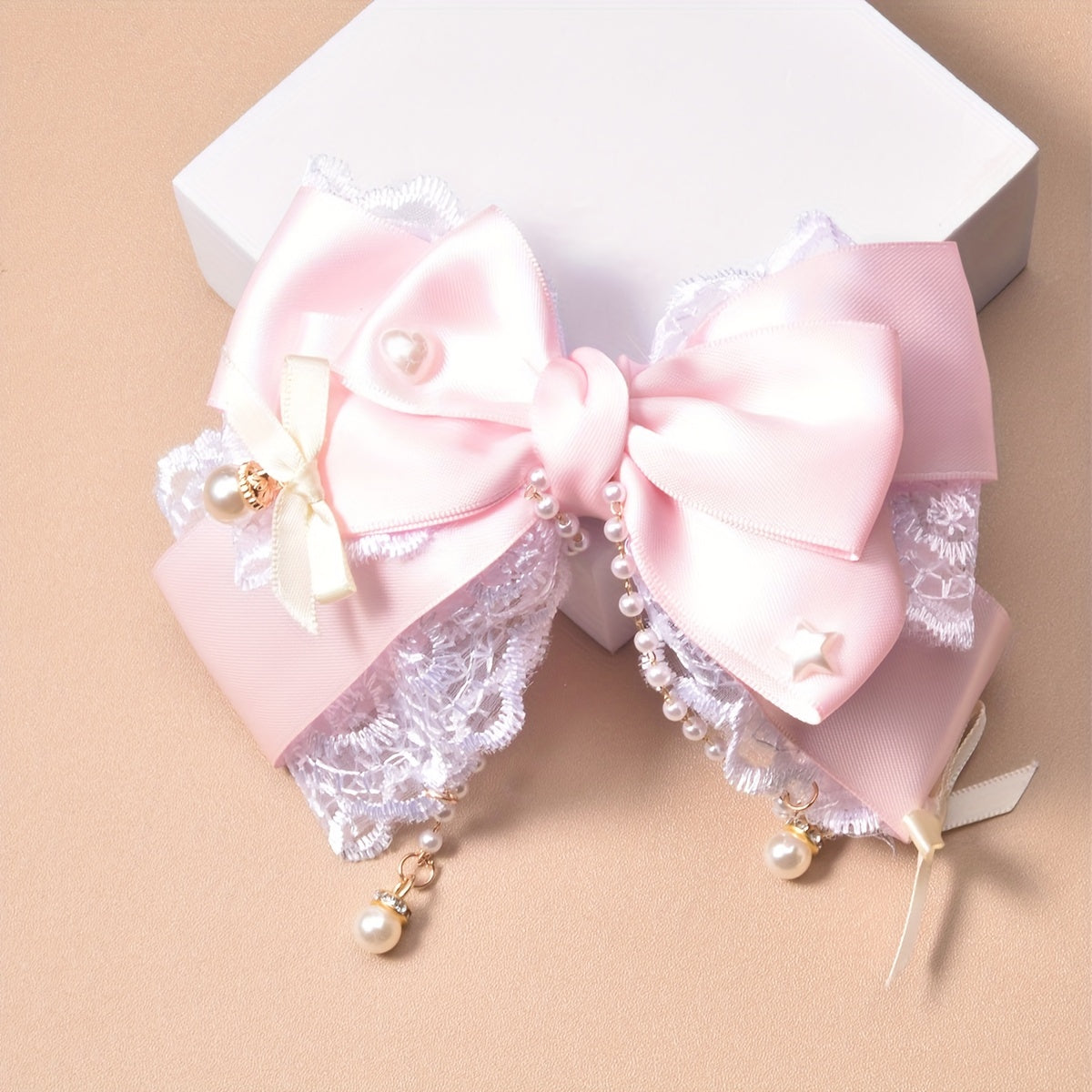Trendy Polyester Lace Ribbon, Large Bow Hairpin with Pearl Chain - Stylish, Unique, Sweet, Cute, Pink Headband for Everyday Outfits