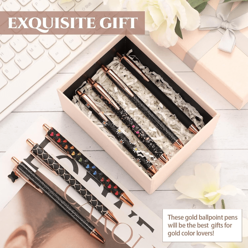 [5pcs Crystal Pens] 5pcs Metal Ballpoint Pens Set, Crystal Diamond Pen for Journaling | Glitter Stationery, Black Fancy Gifts for Teacher Office Wedding Back to School Christmas Graduation Supplies