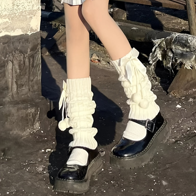 Women's & ' Plush Ball Foot Warm Knee Socks with Bow