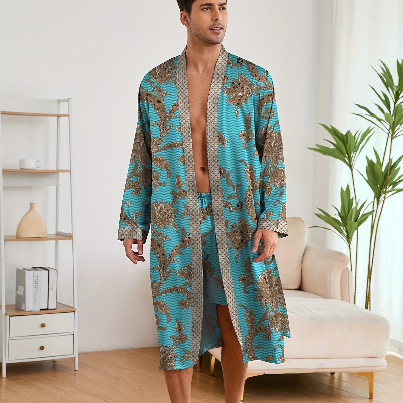 Men's Sleep Robe, Elegant And Light Luxury Pajamas Set, Stylish Gorgeous Floral Print, V-neck Long Sleeve .