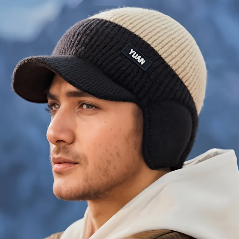 Men'S Winter Fleece-Lined Thick Knit Beanie, Unisex Warm Color-Blocked Hat for Outdoor Activities - Available in 4 Colors, Winter Headwear, Cold Weather Gear, Stylish Headwear, Durable Headgear, Warm Headwear, Cold Climate We