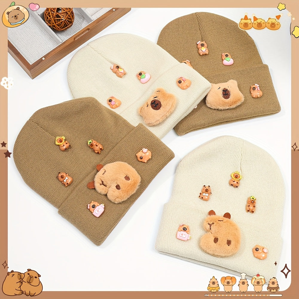 ' Cute Capybara & Floral Winter Hat - Soft & Brown Beanie with Capybara Face & Floral Accents, Cozy Unisex Beanie for Fall/Winter, Perfect for Travel & Gifts, Winter Hat, Gift For, Playful Design, Soft Fabric