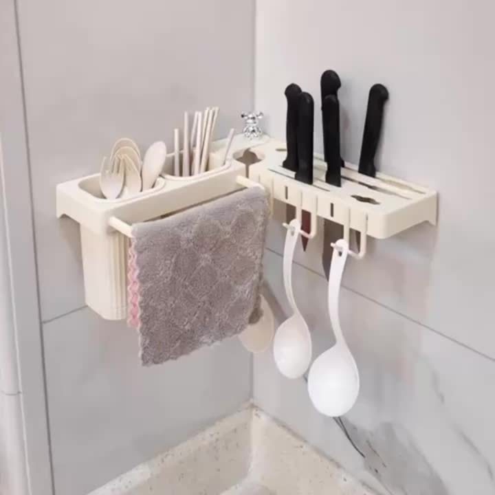 Made of Durable Plastic, Foldable Rotating Knife Rack Wall-Mounted - Space-Saving Kitchen Organizer Suitable for Modern Home or Commercial Use, Kitchen Accessories with Towel Bar and Drain Cup