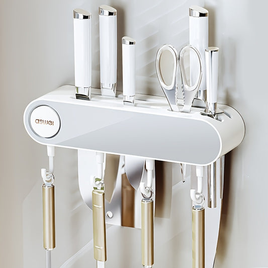 Multifunctional Wall Hanging Knife Holder, Can Hold Multiple Knives, with Integrated Sharpening Stone, Equipped with 4 Hooks, Suitable for Spatulas, Funnel, Kitchen Tools
