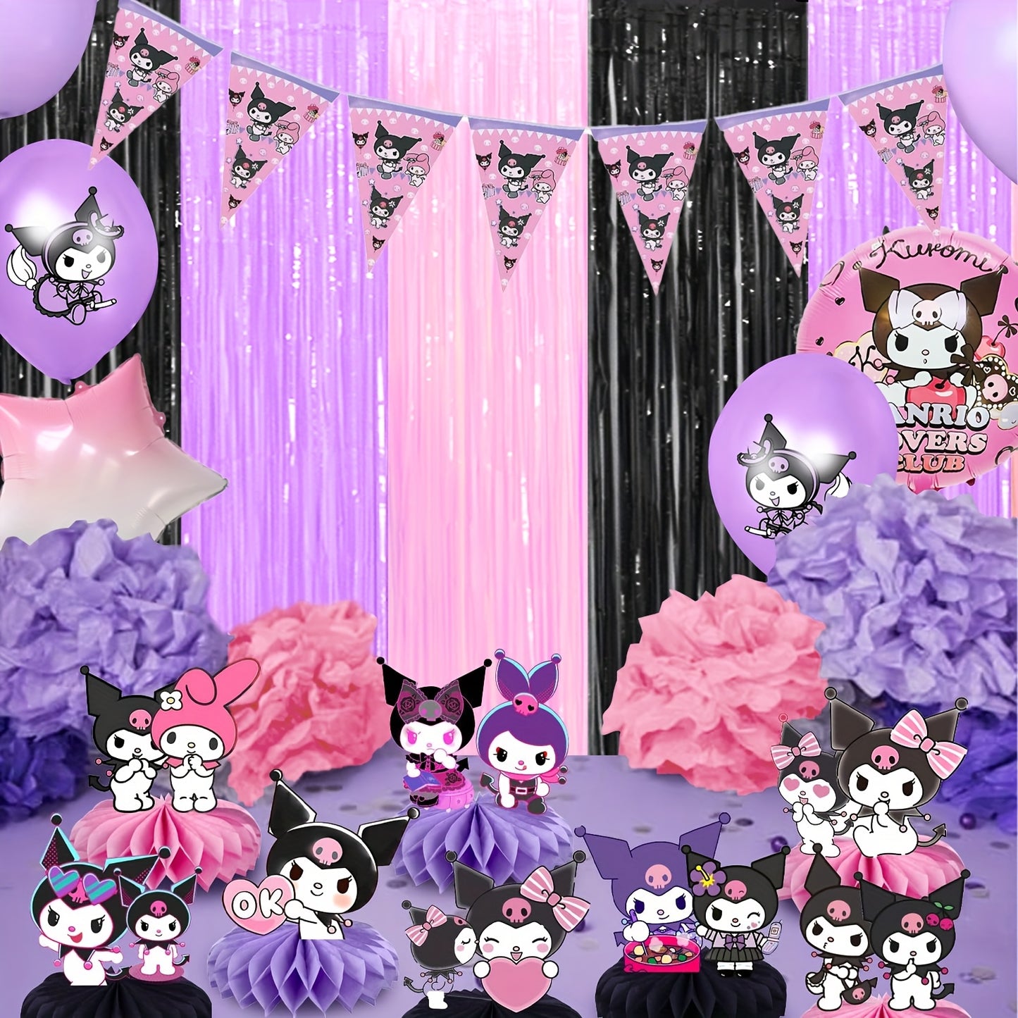 Kuromi Birthday Party Decorations, 1/2/4pcs Kuromi Party Photo Booth Props, Hot Pink Teal Pink Fringed Background with Tinsel Photo Streamers for Kuromi Birthday Party Supplies