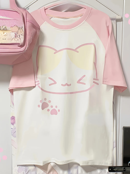 Pink & White 100% Polyester Crew Neck Short Sleeve - Adorable Y2K-Inspired Cat Print Blouse for Women - Casual Summer Fashion, Machine Washable