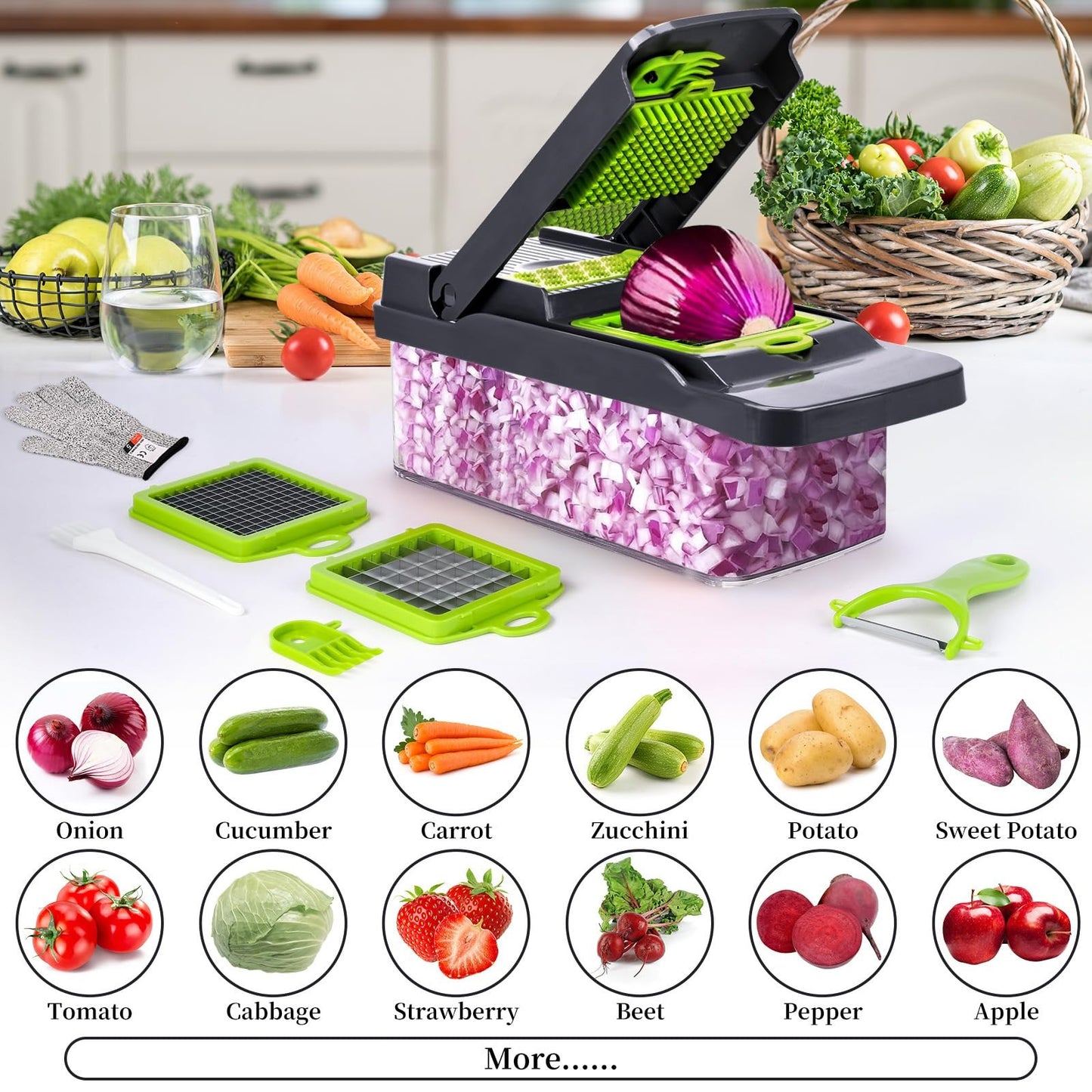 1pc 15 in 1 Vegetable Chopper, Salad Chopper, Vegetable Slicer Multifunctional, Veg Chopper with 7 chopping vegetables, Mitten and Peeler, Vegetable Cutter for Vegetables and Fruit