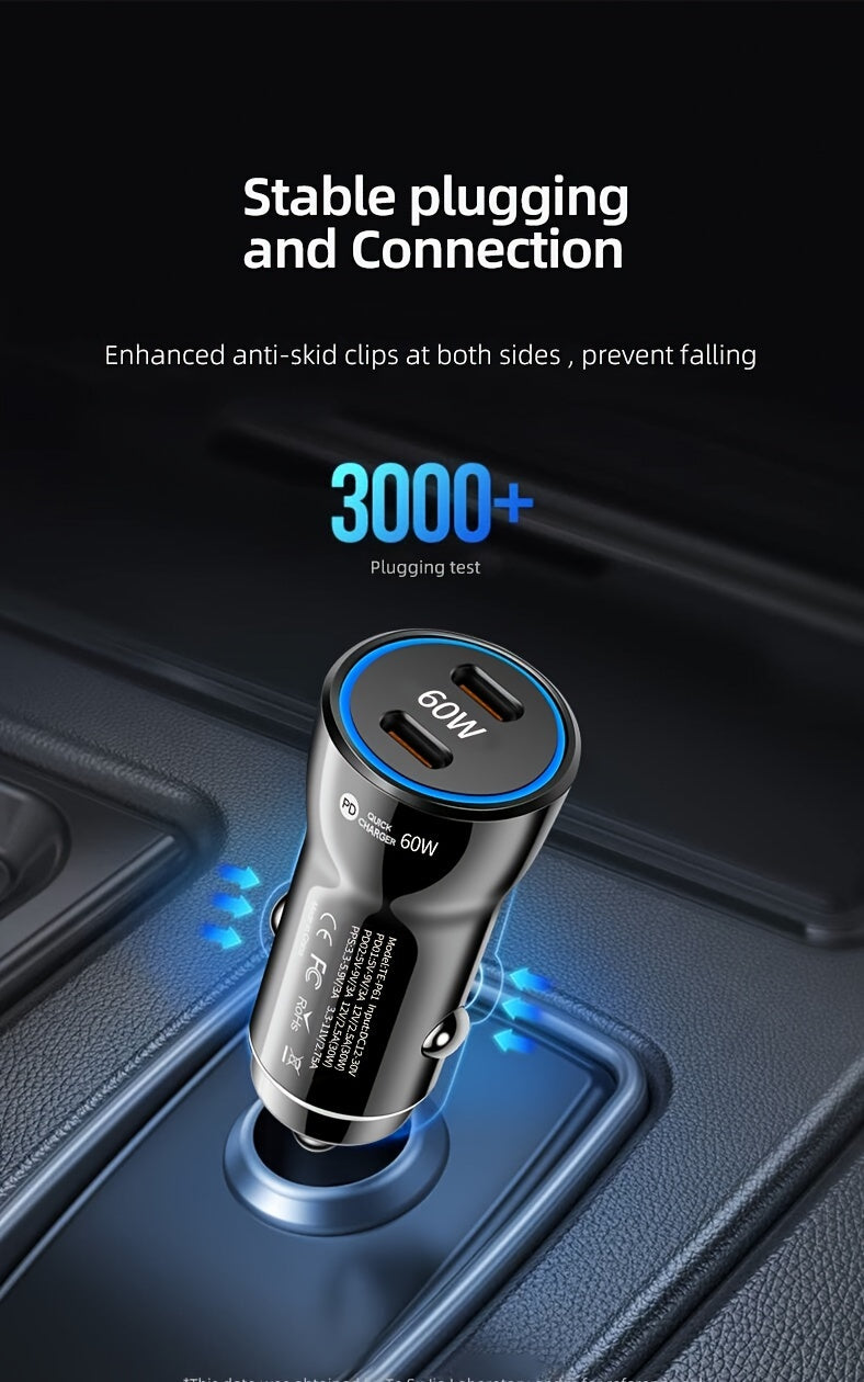 60W USB C Car Charger, USB-C Adapter Fast Charging Dual Port PD3.0 Type C Power Plug Compatible with iPhone16 15 14 13 12 11 Pro Max XR Samsung S23/22/21 Google Pixel 7 (Black/White)