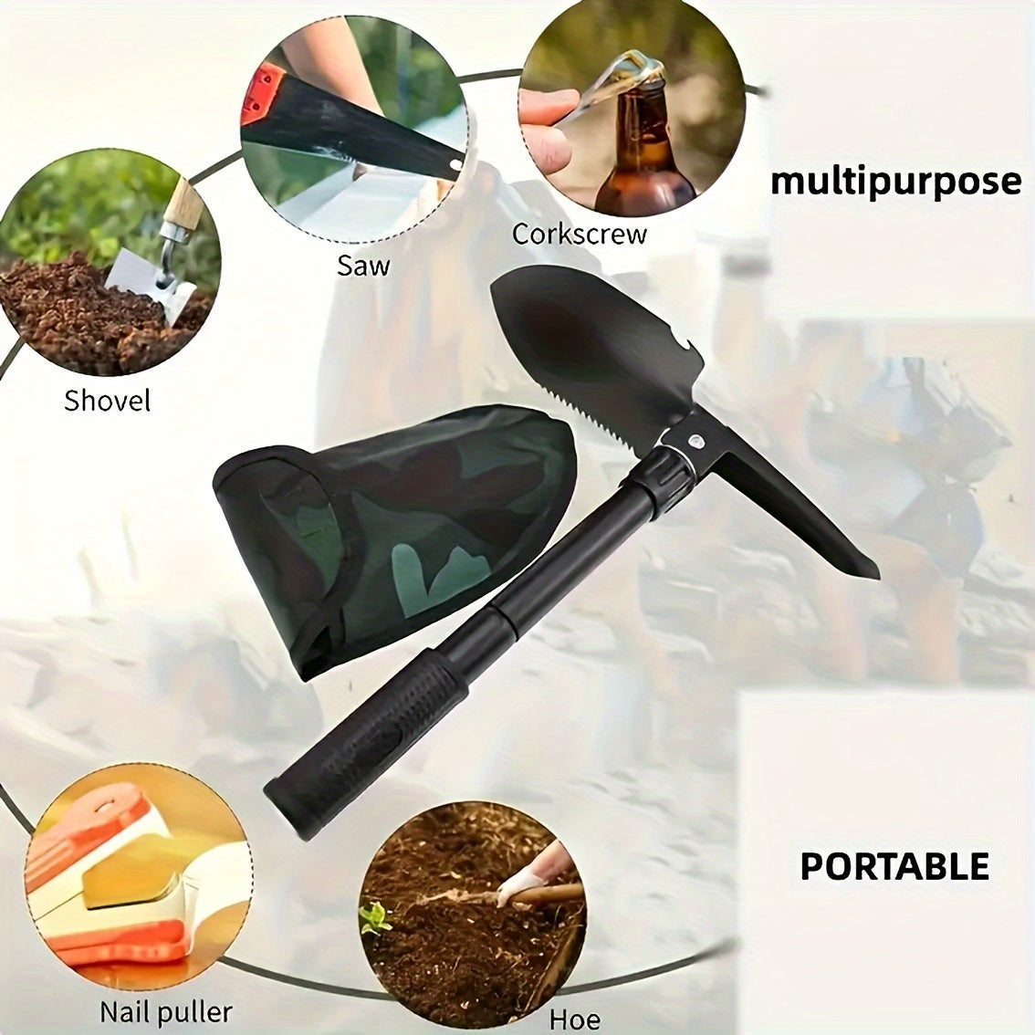 1pc Outdoor Foldable Multi-Tool Shovel, Lightweight & Durable Portable Digging Tool for Camping, Gardening, and Emergency Use - Space-Saving Design with Compass, Ideal for Family and Travel, Camping Gear | Space Saving Shovel