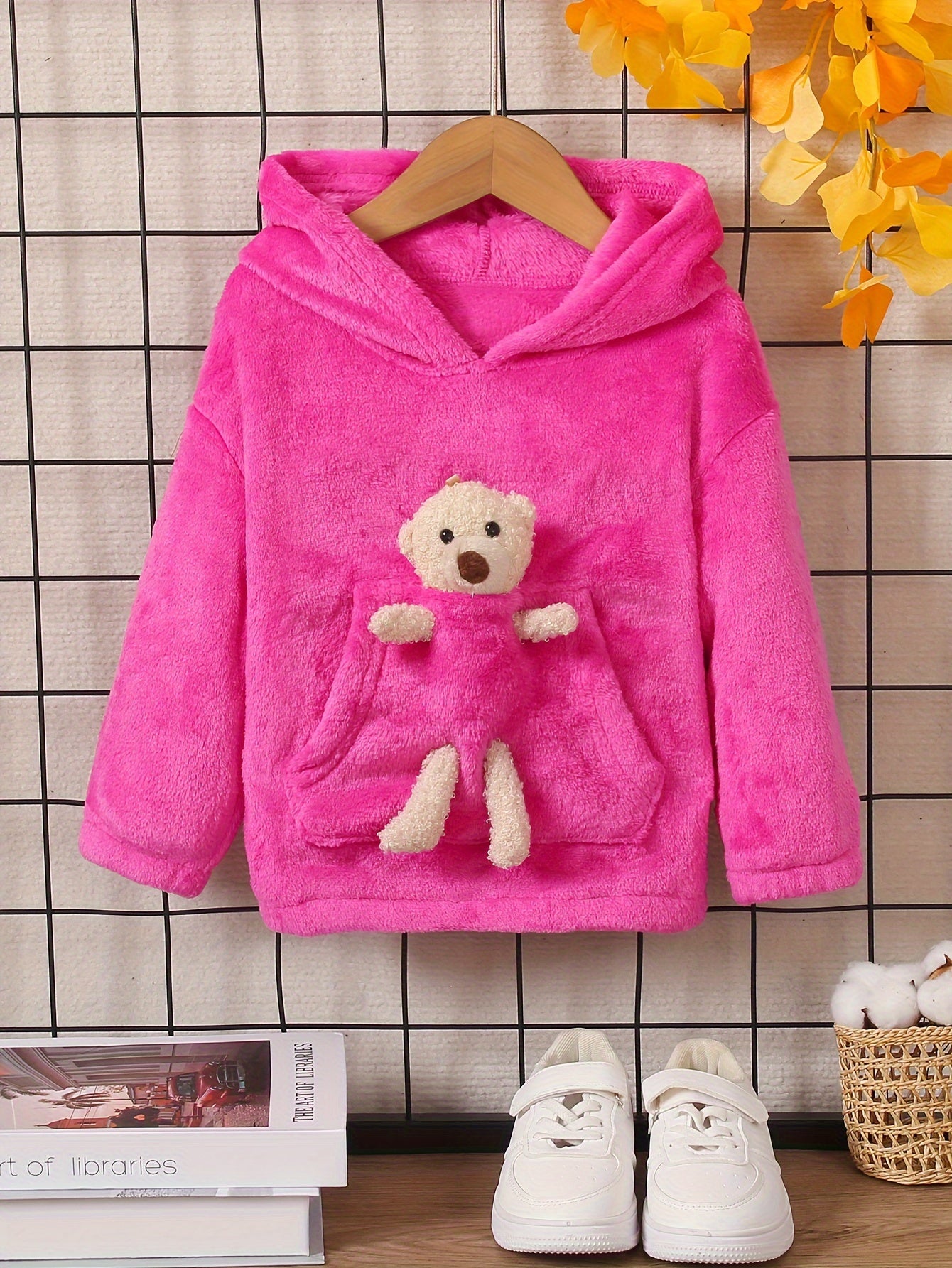 Girls' Fashion Solid Color Hooded Pocket Bear Double