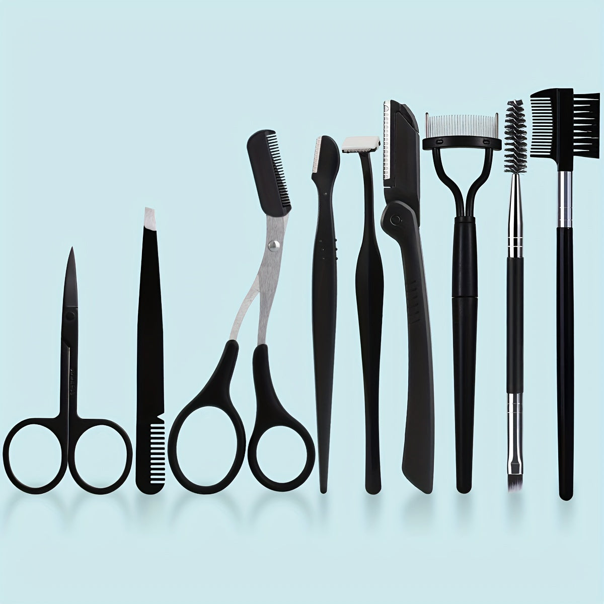 8/9/12pcs Stainless Steel Eyebrow Grooming Kit, Portable Black Set for Women and Men, Includes Eyebrow Brush, Razors, Comb, Scissors, Folding Razor, Trimmer, Tweezers with Comb, Lash Separator, No Electricity Needed