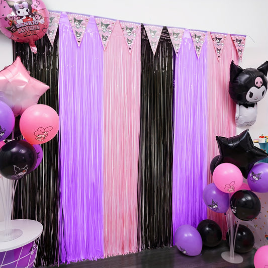 Kuromi Birthday Party Decorations, 1/2/4pcs Kuromi Party Photo Booth Props, Hot Pink Teal Pink Fringed Background with Tinsel Photo Streamers for Kuromi Birthday Party Supplies