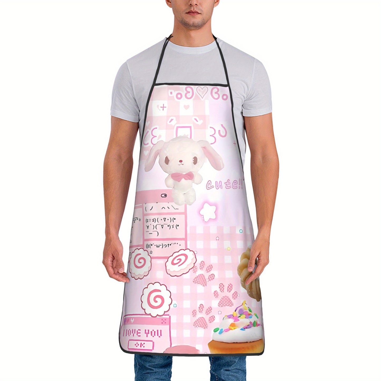 1pc Sanrio Cutecore Pink Apron with Bunny & Hearts Design - Durable Polyester Unisex Kitchen Bib for Cooking, Baking, Painting - Fun Aesthetic Chef Accessory for Adults, Cooking Wear