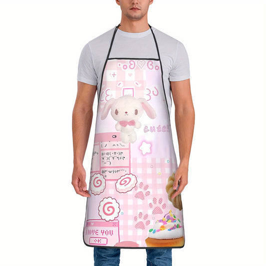 1pc Sanrio Cutecore Pink Apron with Bunny & Hearts Design - Durable Polyester Unisex Kitchen Bib for Cooking, Baking, Painting - Fun Aesthetic Chef Accessory for Adults, Cooking Wear