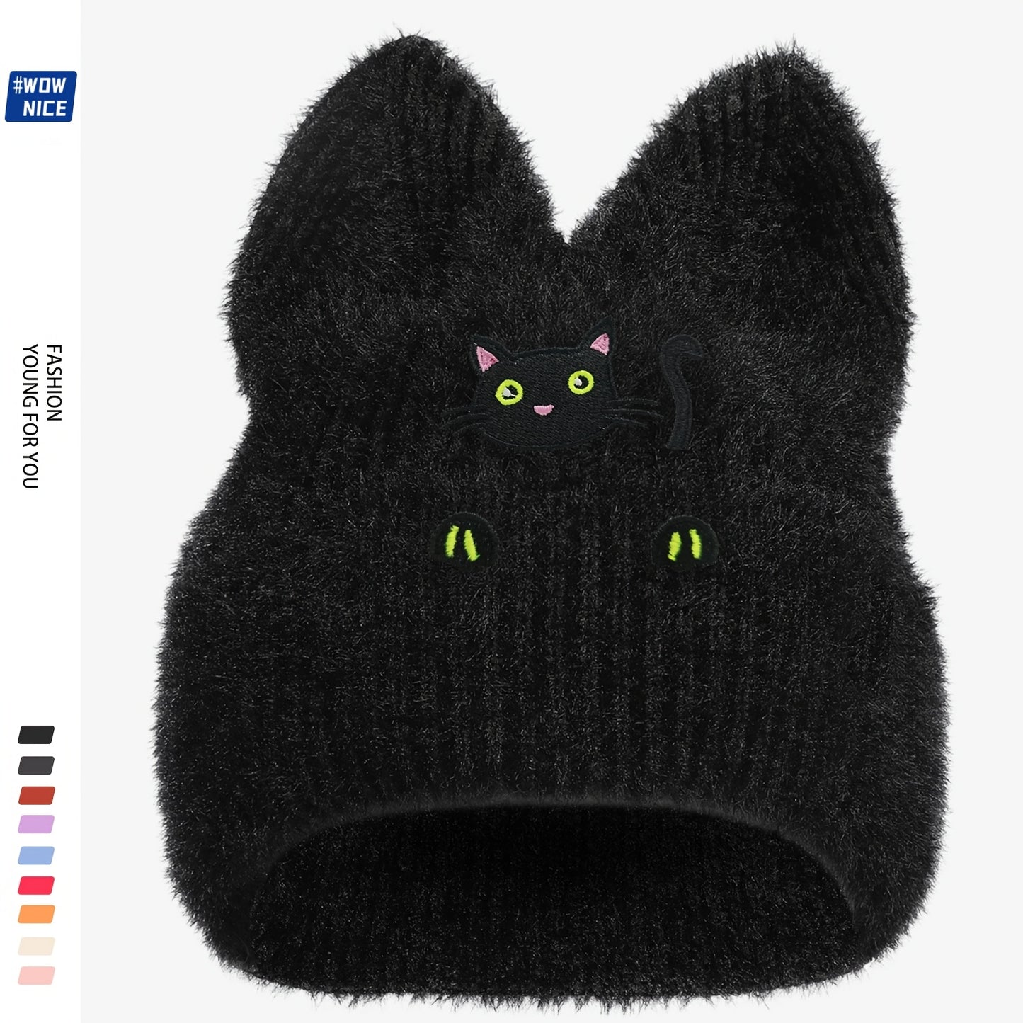 Women's & Men's Black Cat Ear Beanie Hat with Hand