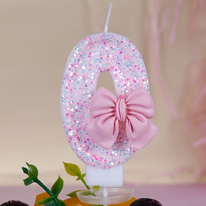 1pc, Pink Bow Number 0-9 Birthday Candle, Girl Powder Bow Birthday Cake Decoration, Baking Shop Supplies