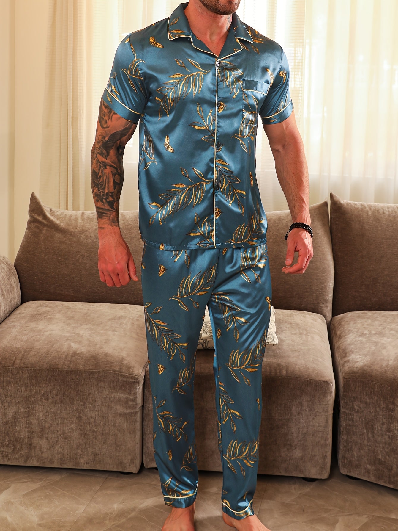 Casual Pajama Set 2pcs Men's Casual Plant Pattern Pajama Set  Short Sleeve.