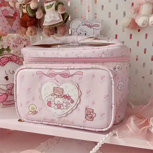 Cute Pink Synthetic Leather Makeup Bag - Large Capacity, Adorable Bear & Heart Design, 1pc | Perfect for Women's Cosmetics Storage