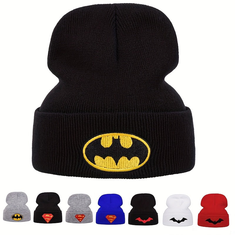 Warner Bros Batman & Superman Officially Licensed Embroidered Knit Hats - Black with Iconic Batman Logo & Superman Emblem, Winter Warmth for Comic Conventions, Outdoor Sports & Casual Attire - Unisex Adult & Youth Sizes (Offi
