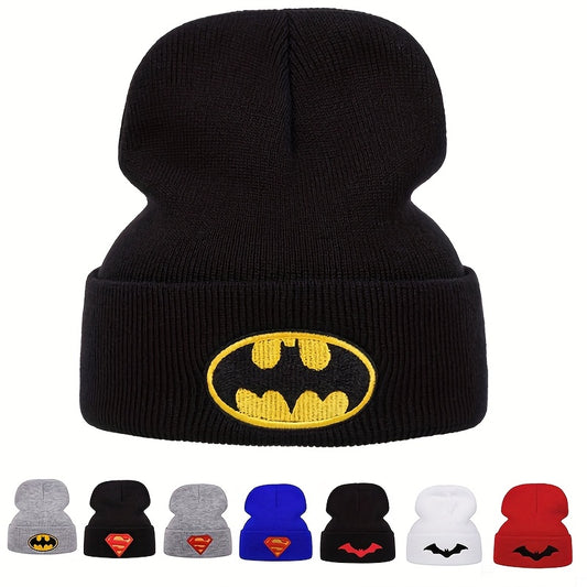 Warner Bros Batman & Superman Officially Licensed Embroidered Knit Hats - Black with Iconic Batman Logo & Superman Emblem, Winter Warmth for Comic Conventions, Outdoor Sports & Casual Attire - Unisex Adult & Youth Sizes (Offi