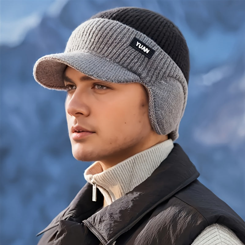 Men'S Winter Fleece-Lined Thick Knit Beanie, Unisex Warm Color-Blocked Hat for Outdoor Activities - Available in 4 Colors, Winter Headwear, Cold Weather Gear, Stylish Headwear, Durable Headgear, Warm Headwear, Cold Climate We