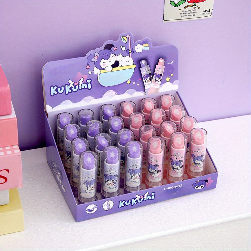 Sanrio for kuromi Erasers, 2pcs Cute Cartoon Office No Trace Retractable No Shavings Eraser, Suitable for Study Stationery Lipstick Style Rotating Correction Eraser